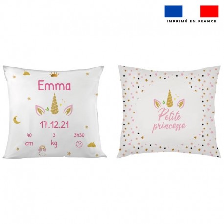 Coussin licorne à personnaliser fiche naissance 